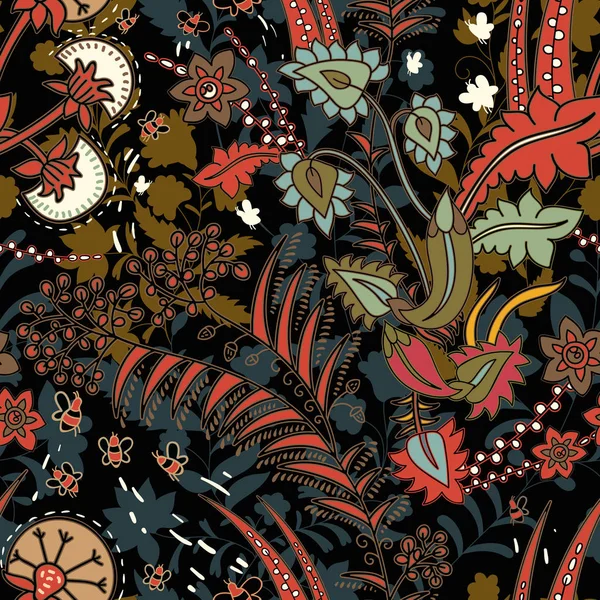 Fantasia floreale senza cuciture, effetto texture. Ornamento colorato indiano. Fiori decorativi vettoriali e Paisley. Stile etnico. Design per tessuti, carte, web, decoupage — Vettoriale Stock