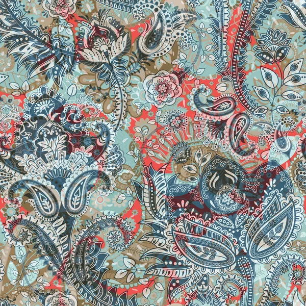 Motif floral sans couture, effet texture. Ornement coloré indien. Fleurs décoratives vectorielles et Paisley. Style ethnique. Conception pour tissus, cartes, web, découpage — Image vectorielle