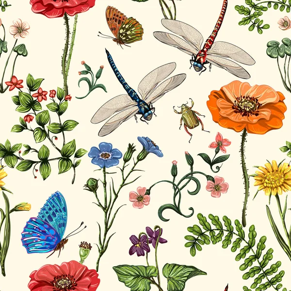 Sommer Vektor nahtlose Muster. botanische Tapete. Pflanzen, Insekten, Blumen im Vintage-Stil. Schmetterlinge, Libellen, Käfer und Pflanzen im Stil der Provence auf hellem Hintergrund — Stockvektor