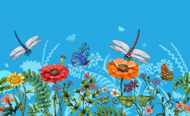 Yusufçuk, kelebekler, çiçekler, ot ve bitkiler ile vektör dikey kenarlık. Yaz stili. Sorunsuz doğa sınır, çiçek arka plan. Renkli bitkiler ve böcekler ile vektör yatay banner