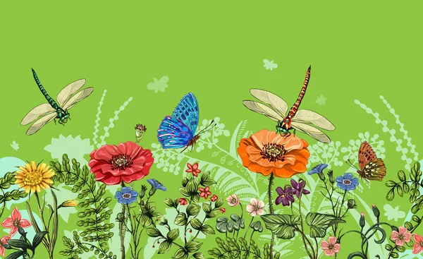 Yusufçuk, kelebekler, çiçekler, ot ve bitkiler ile vektör dikey kenarlık. Yaz stili. Sorunsuz doğa sınır, çiçek arka plan. Renkli bitkiler ve böcekler ile vektör yatay banner — Stok Vektör