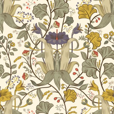 Çiçek vintage seamless modeli. Retro bitkiler tarzı. Dikey dekoratif çiçekler, modern motifi. Renkli damask süsleme