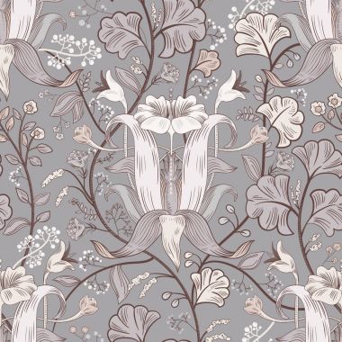 Çiçek vintage seamless modeli. Retro bitkiler tarzı. Dikey dekoratif çiçekler, modern motifi. Renkli damask süsleme