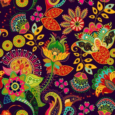 Renkli vektör seamless modeli. Desenli ve dekoratif çiçek ile çizilen illüstrasyon el