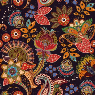 Renkli vektör seamless modeli. Desenli ve dekoratif çiçek ile çizilen illüstrasyon el