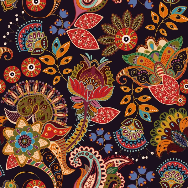 Patrón inconsútil vector colorido. Ilustración dibujada a mano con paisley y flores decorativas — Vector de stock
