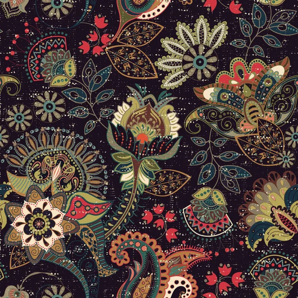 Patrón inconsútil vector colorido. Ilustración dibujada a mano con paisley y flores decorativas — Archivo Imágenes Vectoriales