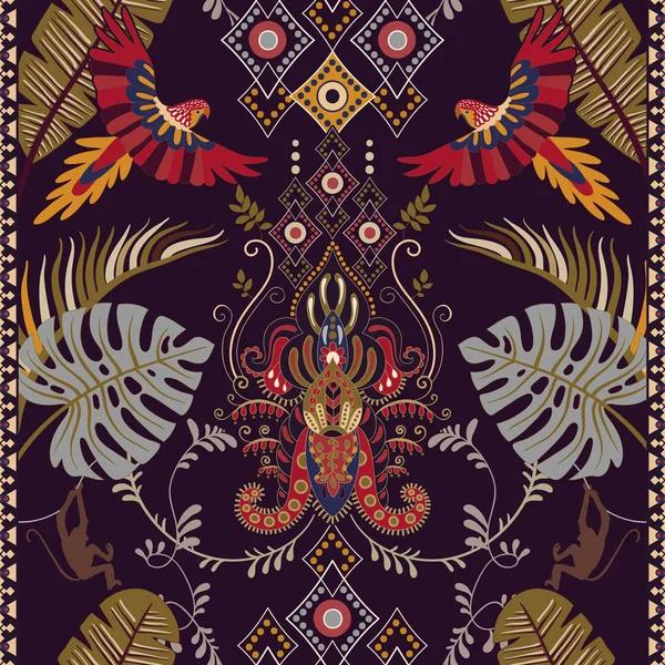 五颜六色的例证与鸟和热带植物。无缝垂直模式。民族装饰背景 — 图库矢量图片