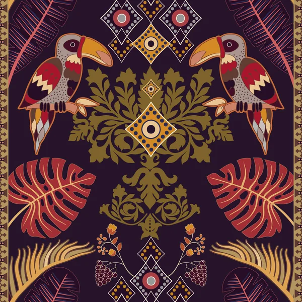 Färgglada illustration med fågel och tropiska växter. Sömlös vertikala mönster. Etniska dekorativa bakgrund — Stock vektor