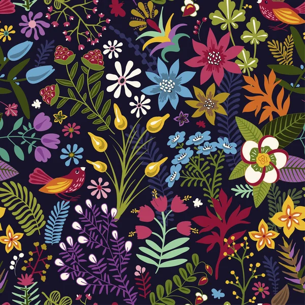 Patrón sin costura vectorial con flores y plantas estilizadas. Fondo de pantalla botánico brillante. Muchas flores de colores en el fondo oscuro — Archivo Imágenes Vectoriales