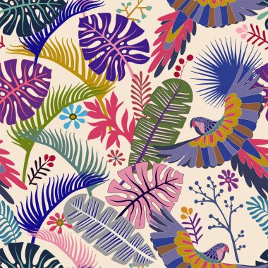 Vektör seamless modeli ile palmiye yaprakları ve papağan. Vektör tropikal duvar kağıdı. Parlak renkli botanik zemin