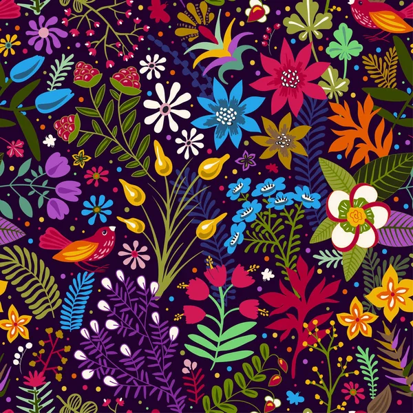 Векторный бесшовный узор со стилизованными цветами и растениями. Яркие ботанические обои. Много красочных цветов на темном фоне — стоковый вектор