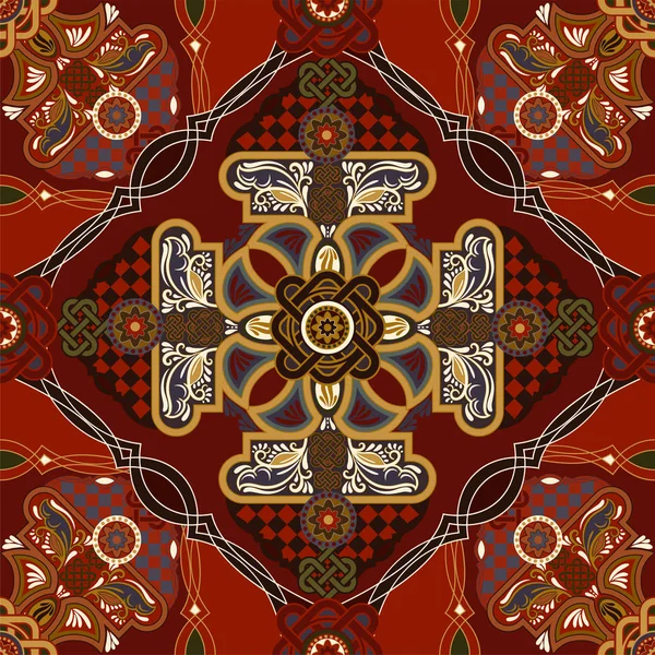 Patrón de baldosas ornamentales vectoriales. Diseño cuadrado colorido, estilo étnico — Vector de stock