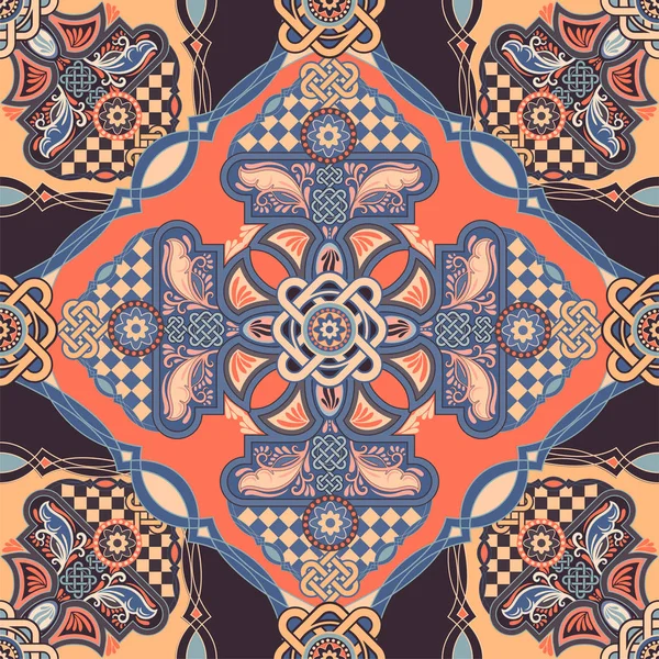 Patrón de baldosas ornamentales vectoriales. Diseño cuadrado colorido, estilo étnico — Vector de stock