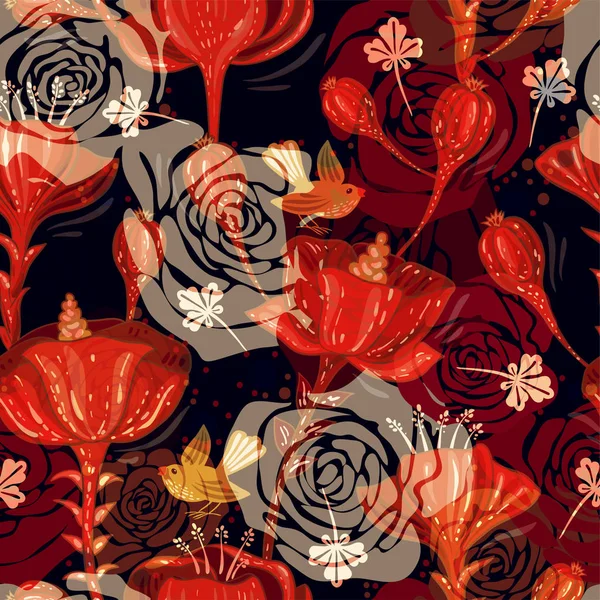 Floral vintage seamless pattern. Retro plants style. Vector decorative flowers, modern motif. — Stock Vector