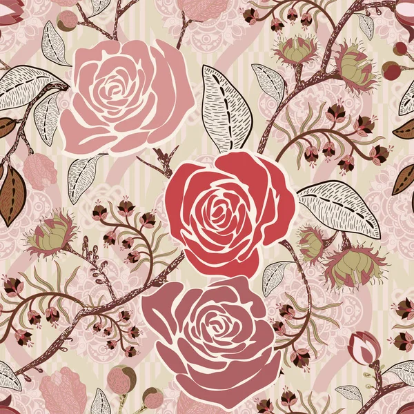 Pola berwarna-warni dengan mawar. Bunga-bunga dekoratif, pola mulus. Kertas dinding untuk sampul iphone, tekstil, web, kartu, undangan, tirai - Stok Vektor