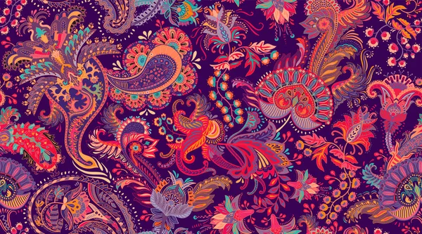 Patrón colorido de Paisley para textiles, cubierta, papel de envolver, tela. Papel pintado de vector étnico con elementos decorativos. Fondo decorativo indio — Vector de stock