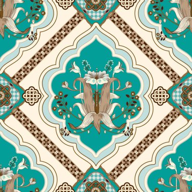 Vektör kare desen lilyum ve geometrik süsler. Geometrik desen duvar kağıdı, kapak, web, kumaş için zemin fayans