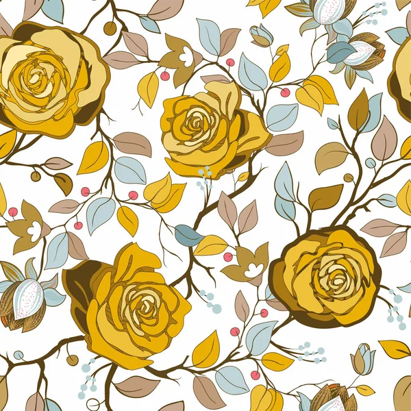 Yellow and blue floral pattern. Vector wallpaper with big illustration roses. Hand drawn roses — Stock Vector