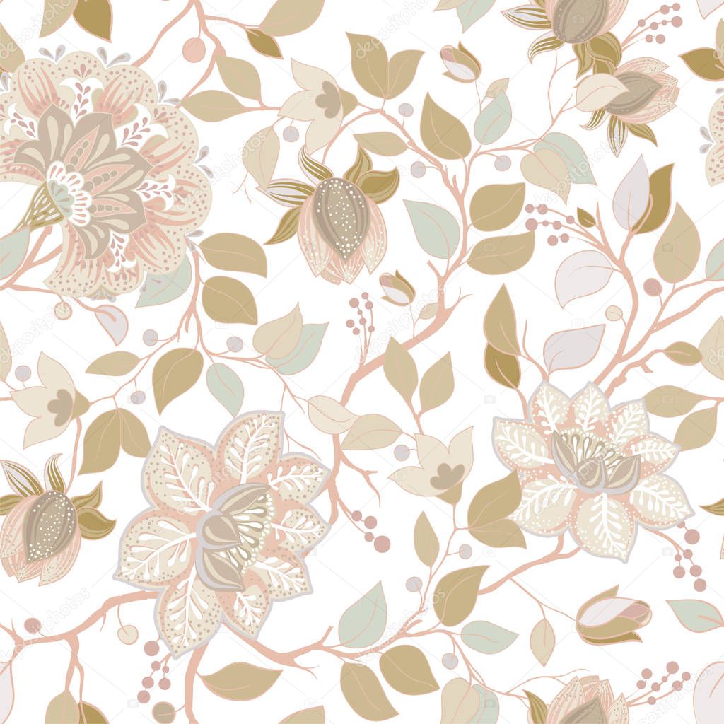 Light floral pattern. Vector wallpaper with big illustration flowers. Hand drawn plants, roses
