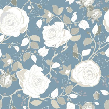 Büyük beyaz gül gri desenle. Büyük resimde çiçekler ile vektör duvar kağıdı. Elle çizilmiş bitkiler