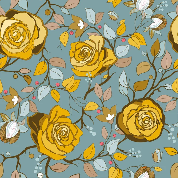 Žluté a modré květinový vzor. Vektorové wallpaper s velkým Ilustrace růží. Ručně kreslenou růže — Stockový vektor