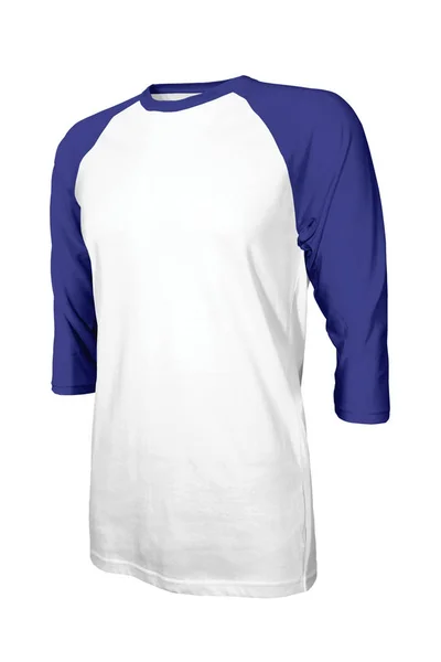 这个角度前排四分之三的袖子是以皇家蓝色臂章造型的 适合您所有设计风格的棒球衫 — 图库照片