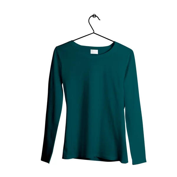 Awesome Front View Long Sleeves Female Tshirt Mock Hanger Green — Stock Photo, Image