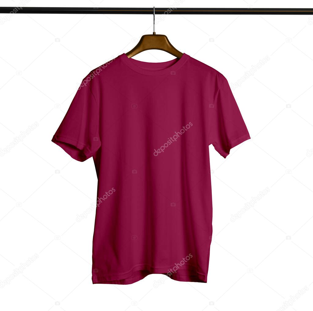With this Short Sleeves Crew Neck Tshirt Mock Up With Hanger For Man In Dark Sangria Color, your design will look more real.