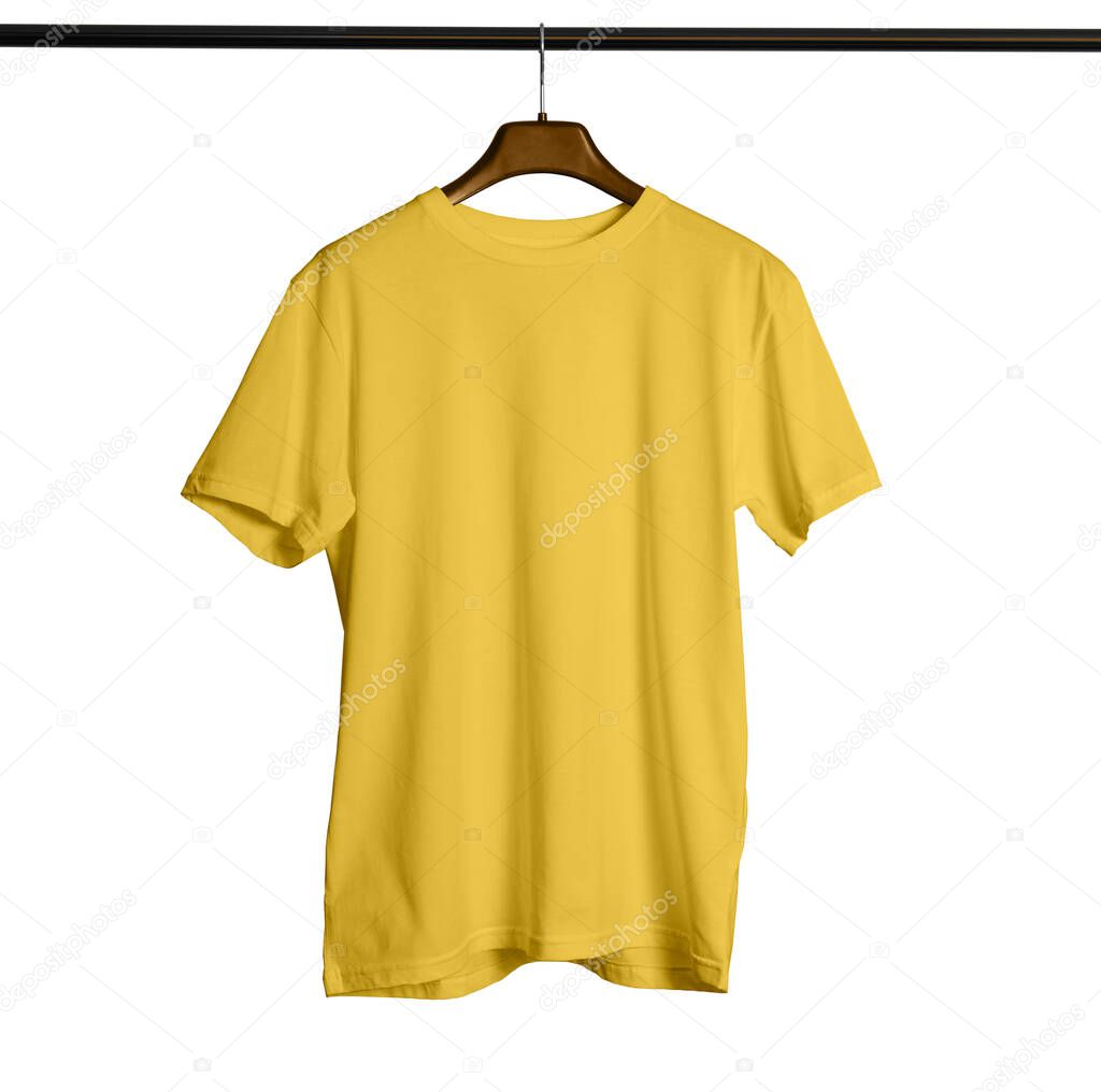 With this Short Sleeves Crew Neck Tshirt Mock Up With Hanger For Man In Prime Rose Color, your design will look more real.