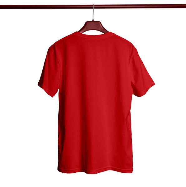 Paste your logo or design to this Back View Short Sleeves Male TShirt Mock Up With Hanger In Flame Scarlet Color and everything looks beautiful