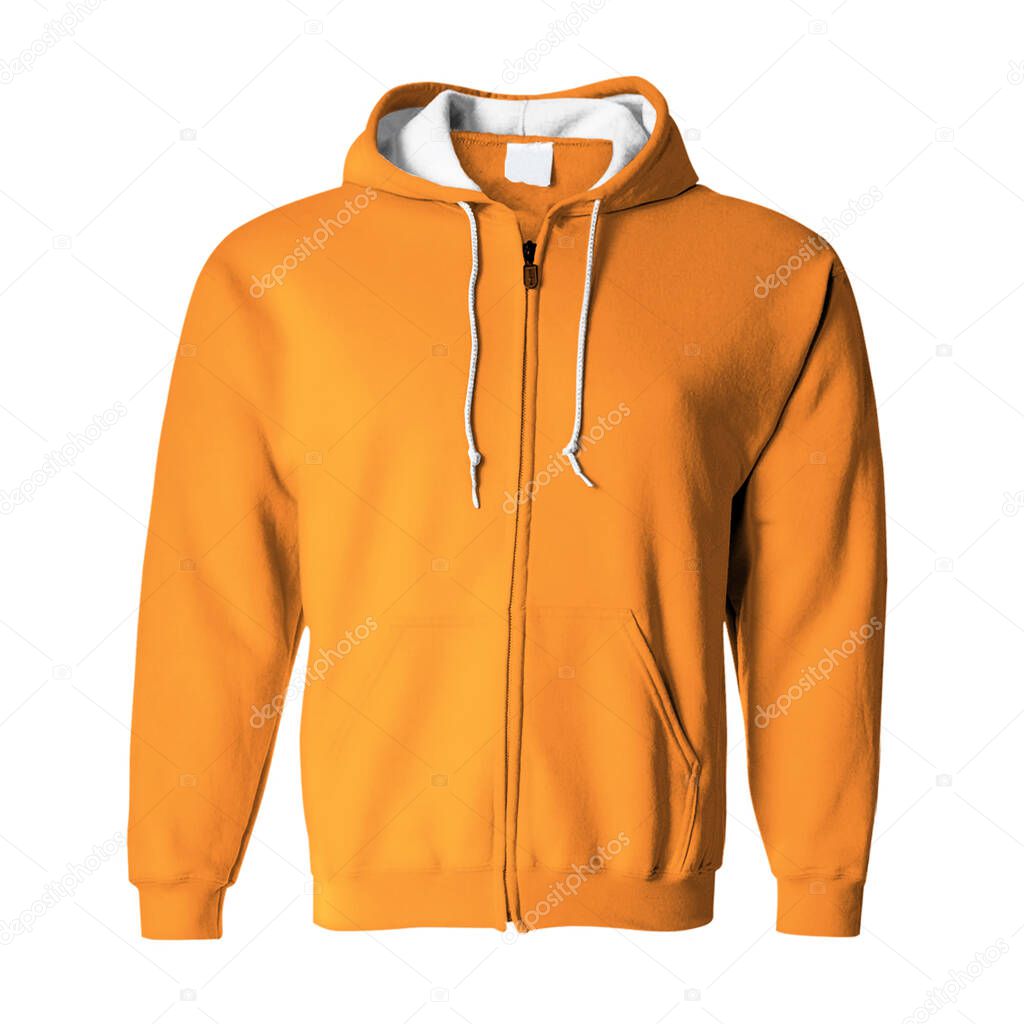 A high resolution Front View Zip Up Hoodie Mockup In Turmeric Powder Color to help you present your hoodie designs beautifully.