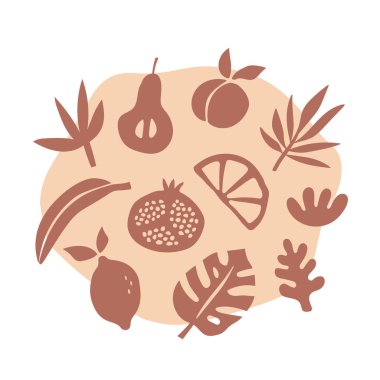 Çizgi film meyve ve yaprakları. İzole edilmiş grafik vektör çizimleri.