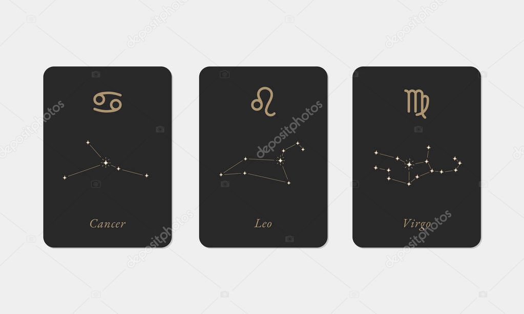 Cancer, Leo, Virgo constellations Vector Design. Hand Drawn Cancer, Leo, Virgo Zodiac Symbols. Minimalistic illustration set.