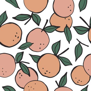 Portakallı kusursuz desen. Tekrarlanan meyve arka planı. Kumaş veya duvar kağıdı için parlak yazdırma vektörü.