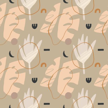 Bitkilerle ve soyut elementlerle estetik, pürüzsüz desen. Pankart, poster, kart, davetiye, levha veya tekstil için moda grafik tasarımı