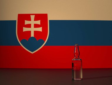 Slovakya bayrağının arka planına karşı COVID 19 virüs aşısı. Yakın plan..