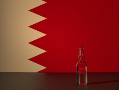 Katar bayrağının arka planına karşı COVID 19 virüs aşısı. Yakın plan..