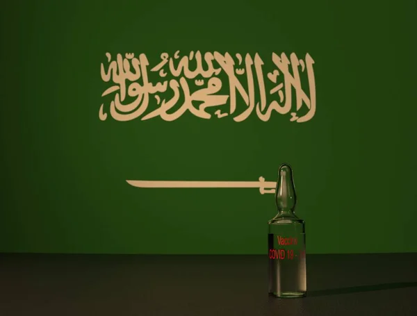Suudi Arabistan bayrağına karşı COVID 19 virüs aşısı. Yakın plan..