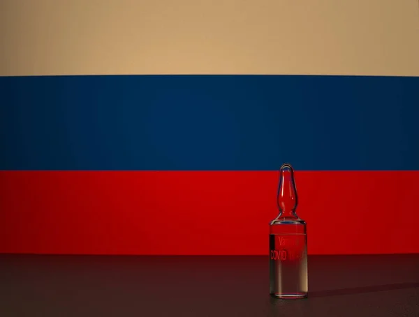 Vacuna Contra Virus Covid Contexto Bandera Rusia Primer Plano — Foto de Stock