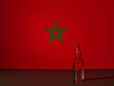 Fas bayrağının arka planına karşı COVID 19 virüs aşısı. Yakın plan..