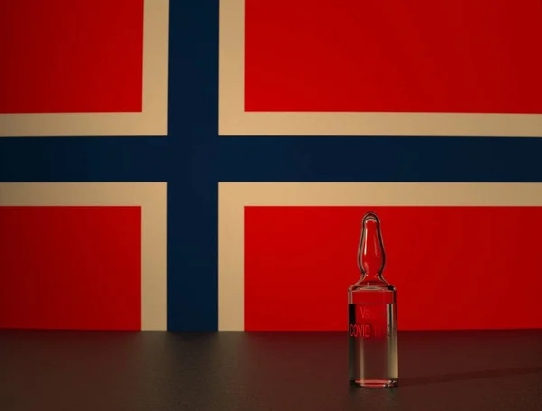 Covid Virüs Aşısı Norveç Bayrağının Arka Planına Karşı Yakın Plan — Stok fotoğraf