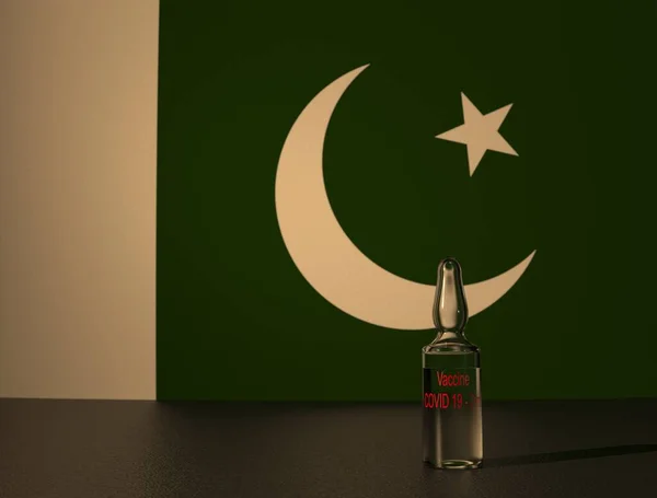Pakistan bayrağının arka planına karşı COVID 19 virüs aşısı. Yakın plan..
