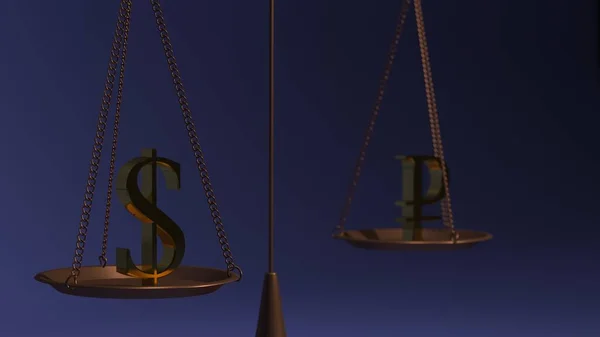 Amerikan dolarının ve Rus rublolarının sembolleri mavi arka plandaki denge ağırlıklarının kaselerinde..