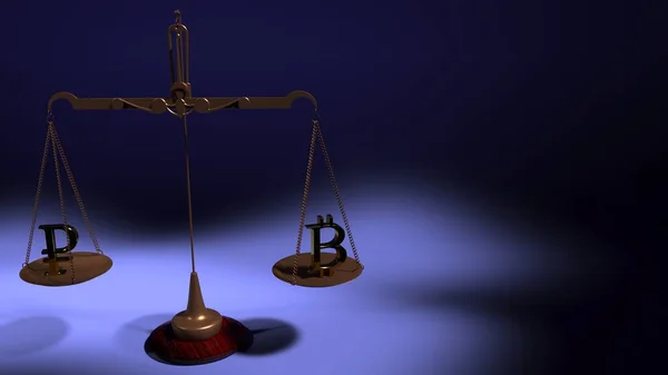 Mavi arkaplanda Rus rublesi ve bitcoin sembolleri..