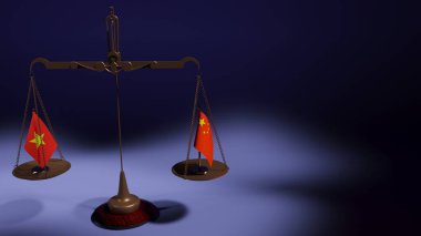 Çin ve Vietnam bayrakları mavi arka planda denge ağırlıkları kaseleri üzerinde. 3d oluşturma