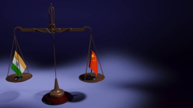 Çin ve Hindistan 'ın bayrakları mavi arka plandaki denge pullarının kaselerinde. 3d oluşturma
