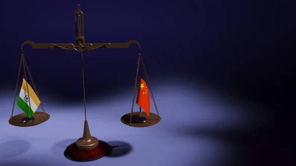 Çin ve Hindistan 'ın bayrakları mavi arka plandaki denge pullarının kaselerinde. 3d oluşturma