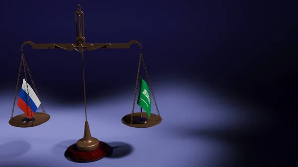 Rusya Federasyonu ve Suudi Arabistan 'ın bayrakları mavi arka plandaki denge çanaklarının üzerinde. 3d oluşturma