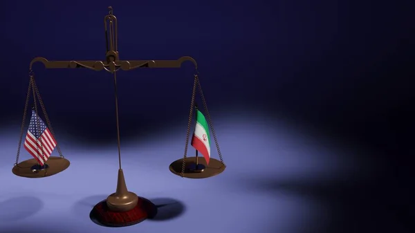 İran ve Amerika Birleşik Devletleri bayrakları mavi arka plandaki denge pullarının kaselerinde. 3d oluşturma